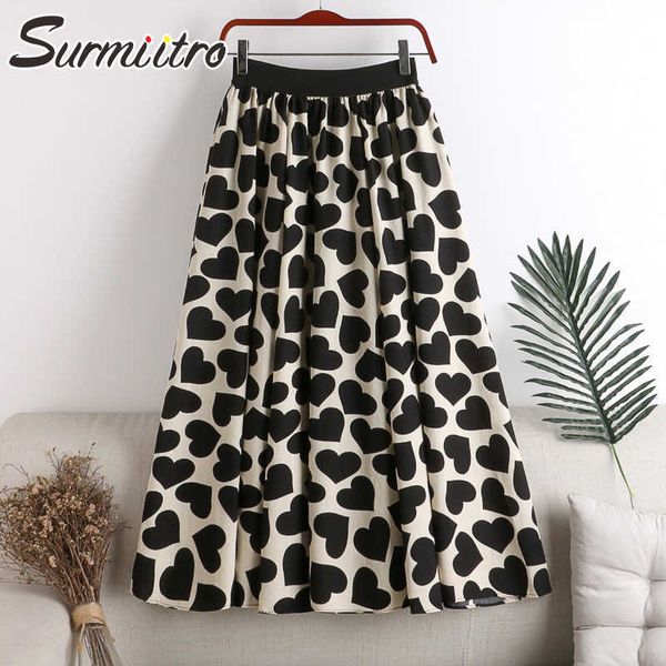 

surmiitro spring summer long skirt women korean style white black heart chiffon high waist sun school maxi skirt female 210712
