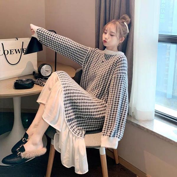 

casual dresses houzhou elegant knitted dress wemen houndstooth plaid vintage sweater 2021 autumn winter loose oversized ruffles robe, Black;gray