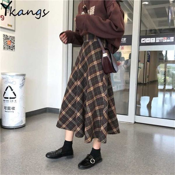 

harajuku autumn winter wool women midi pleated skirt high waist plaid female saias korean ulzzang streetwear elegant long skirts 211119, Black