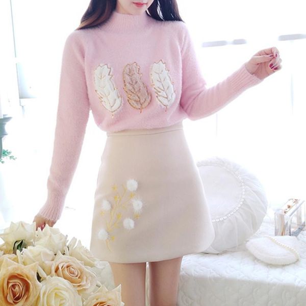 

two piece dress autumn winter fashion sweater skirt suit warm high collar golden printed knit waist mini women 2-piece set, White