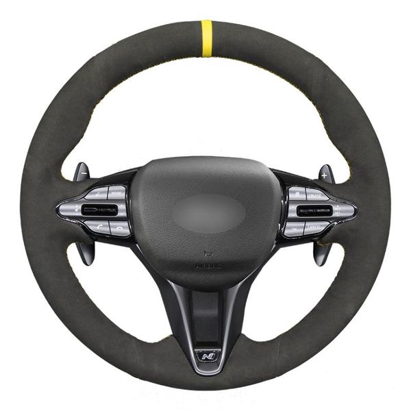 

steering wheel covers hand-stitched black suede yellow marker car cover for i30 n 2021-2021 veloster