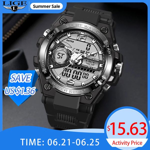 

watches relogio masculino 2021 lige sport men quartz digital creative diving waterproof alarm dual display clock, Slivery;brown