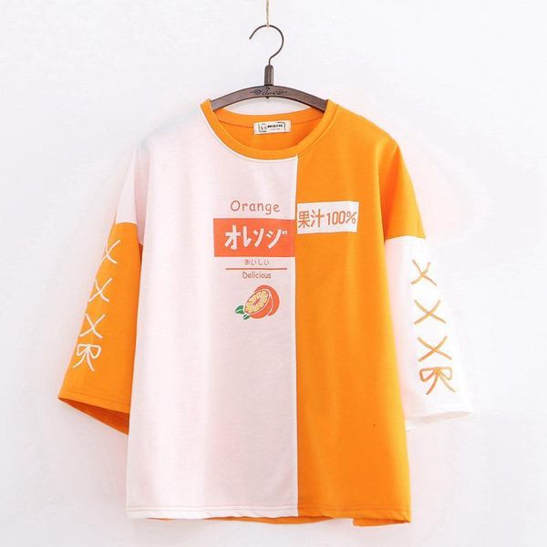 

japan style sweet contrast color orange print o-neck short sleeve women t shirt female casual loose patchwork tees, White