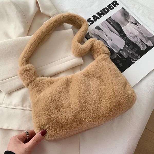 

shoulder bags plush baguette shape for women winter warm handbag fashion bag ladies armpit messenger crossbody tote sac