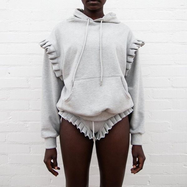 

women's tracksuits bkld 2021 fall/winter women solid color hooded sweatshirts shorts set fashion ruffles patchwork two piece, Gray