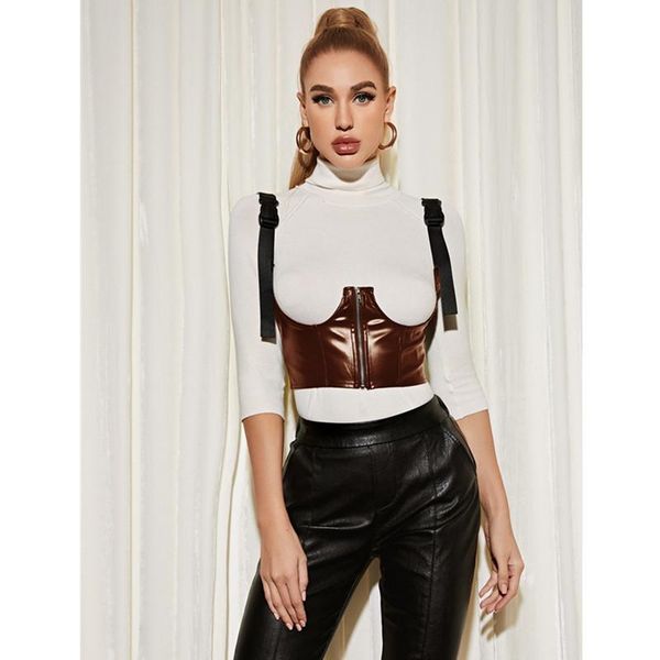 

belts women camisole solid color sleeveless boat neck close-fitting vest skinny gothic pu leather tank suspenders strap, Black;brown