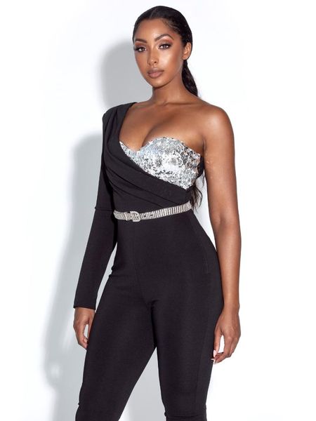 

women's jumpsuits & rompers autumn black one shoulder full sleeve bodycon bandage jumpsuit 2021 women celebrity fashion pa, Black;white