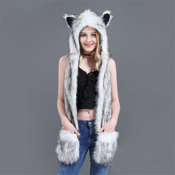

beanies 10 styles faux fur hood animal hat ear flaps hand pockets 3 in1 wolf plush warm earmuff cap with scarf gloves