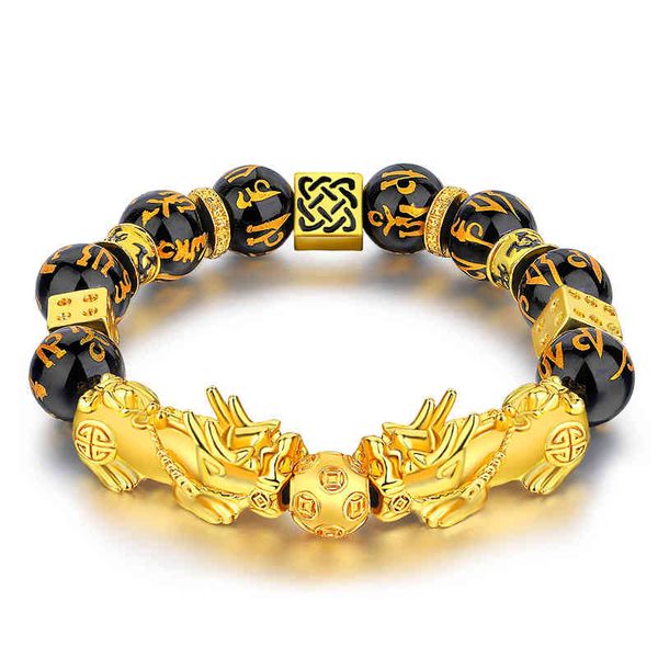 

gold plated black buddha beads bracelet lucky money feng shui pixiu mani mantra black obsidian wealth bracelet, Golden;silver
