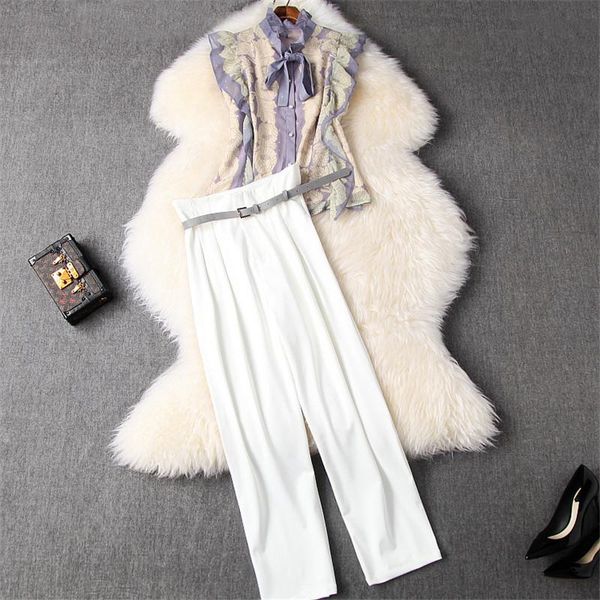 

women's tracksuits high street fashion 2021 summer women female casual outfits ruffled bow collar print and pants 2pcs clothing set, Gray