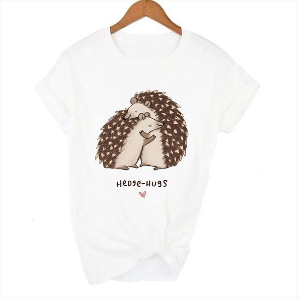 

summer fashion hedgehog hug print womens o neck short sleeve harajuku tumblr graphic tees feminina, White