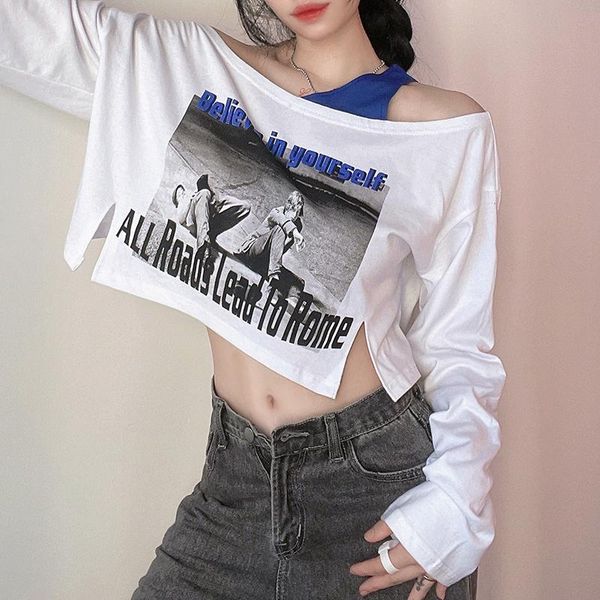 

women's t-shirt slim hollow out crop long sleeve women letter print irregular design korean tee patchwork streetwear, White