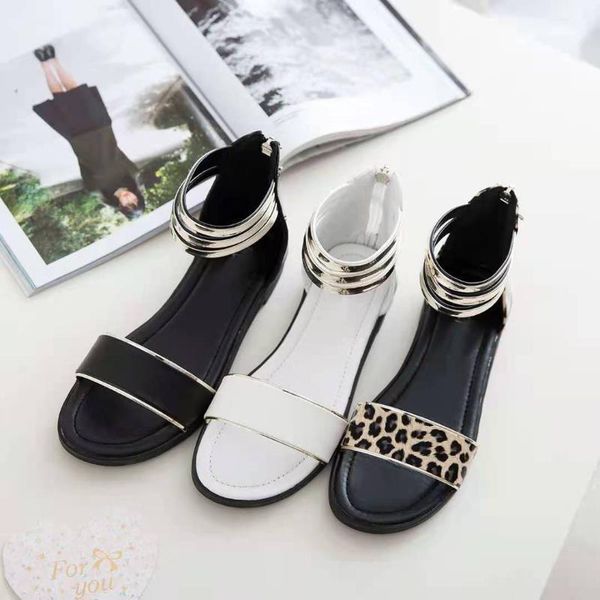 

sandals 35-39 fashion summer casual open toe flats ladies non-slip shoes narrow band solid zip women leopard girls, Black