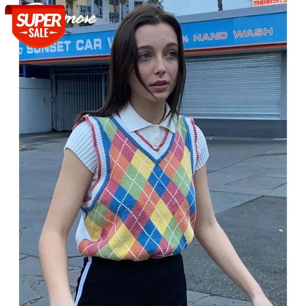

rockmore argyle plaid y2k sweaters vests for women aesthetic preppy style colorful cardigan plus size casual v-neck sweater vest #b09r, White