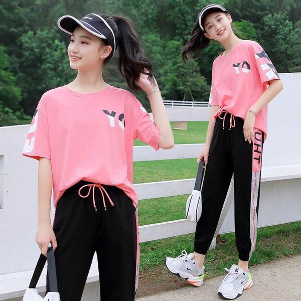 

junior high school students' casual pants suit women's summer girls' fashion short sleeve sports two piece set, Black;white