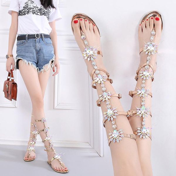 

sandals flat bohemian high rhinestone bottomed flip casual fashion roman, Black