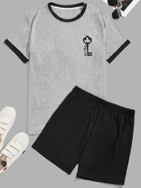 

men 1pc letter graphic ringer tee & 1pc shorts a5sr#, Black;brown
