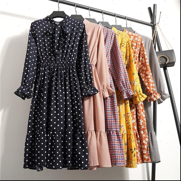 

korean black shirt vestidos office polka dot vintage autumn dresses women dresss ladies 2020 midi floral long sleeve dress femal, Black;gray