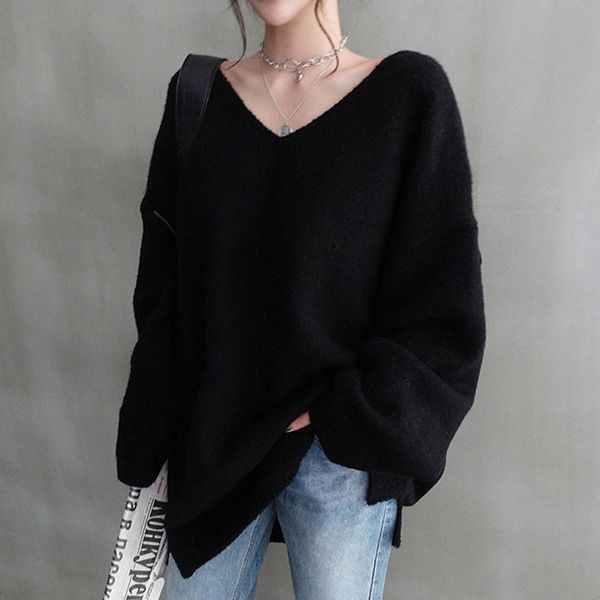 

new 2021 autumn chic winter big v-neck sweater long sleeve women's solid black casual knitting t yqte, White;black