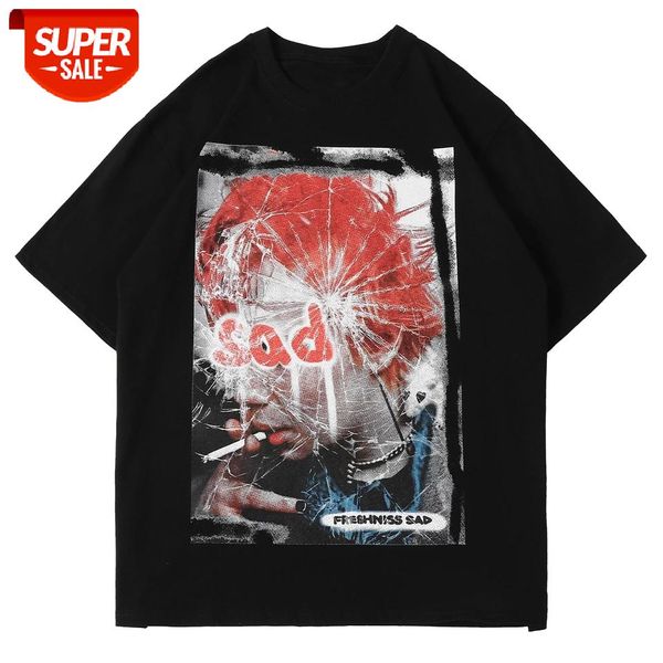 

streetwear broken smoking boy heart print harajuku tshirt hip hop t-shirt men 2021 cotton short sleeve shirts summer loose #fw6x, White;black