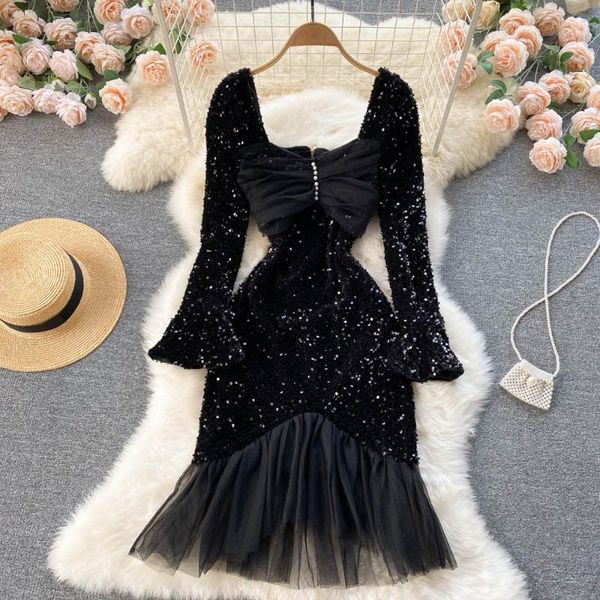 

casual dresses singreiny women elegant mesh mermaid dress fashion flared sleeve a-line party autumn shiny sequins midi, Black;gray