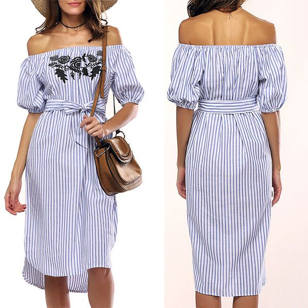

embroidered vertical stripe s with tie wrap, 5 / 5 sleeve, one line collar, long skirt belt, Black;gray
