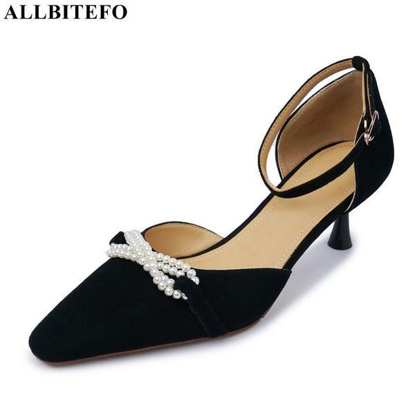 

sandals allbitefo sweet pearl genuine leather brand high heels wedding women shoes summer sandalia, Black