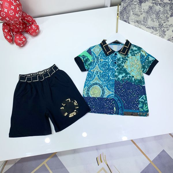 

designer kids polo t shirt+ shorts sets childrens suit green color brand boys flower printing autumn clothing cotton tees size 110-160, White