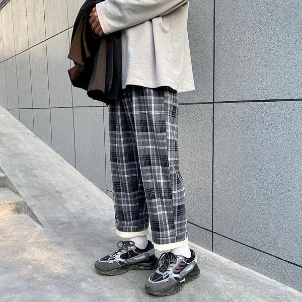 

spring plaid pants men's fashion retro casual pants men streetwear korean loose hip-hop straight wide-leg mens trousers, Black
