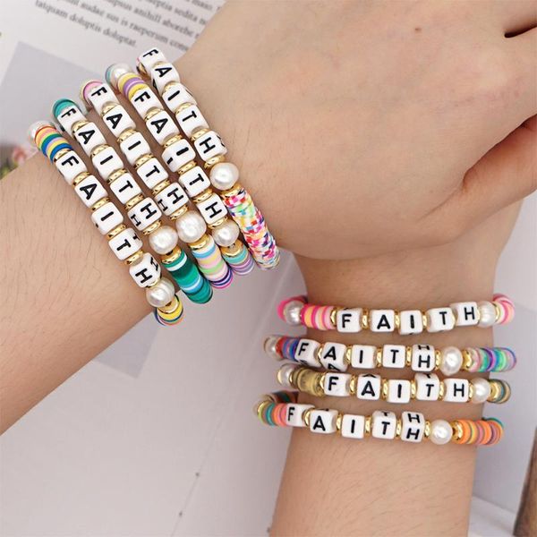 

charm bracelets 8 colors stackable soft clay faith letter beads bohemian women jewelry pulsera hand decoration gift, Golden;silver