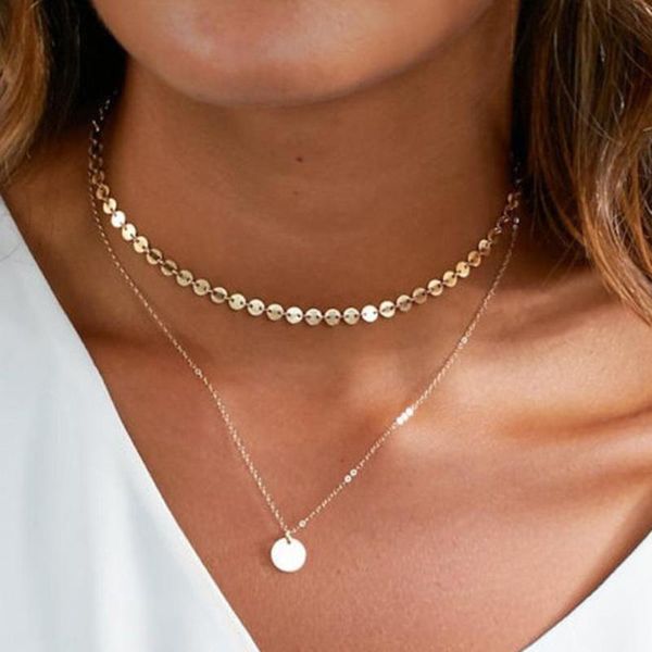 

chains simple gold chain pendant choker coin necklace women fashion silver color layered gift