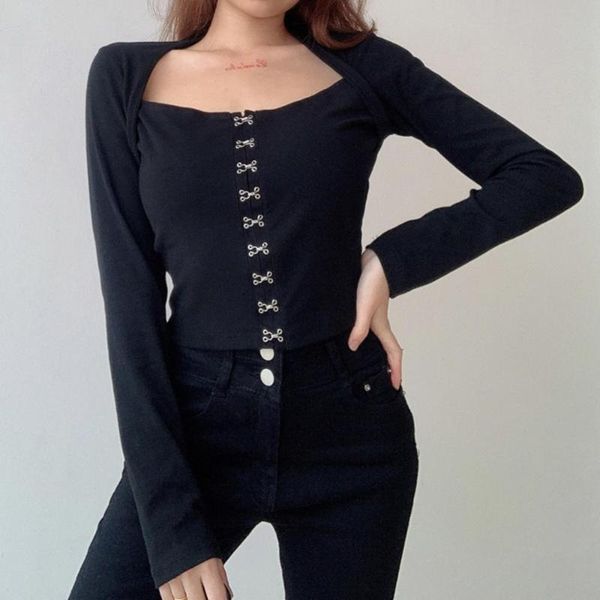 

women's t-shirt women fashion solid color long sleeve single-breasted blouse buckles summer ladies shirt knitwear short, White