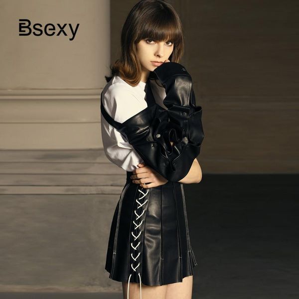 

skirts little black skirt 2021 high waist lace up pu leather women pleated a line micro mini jupe femme punk saia