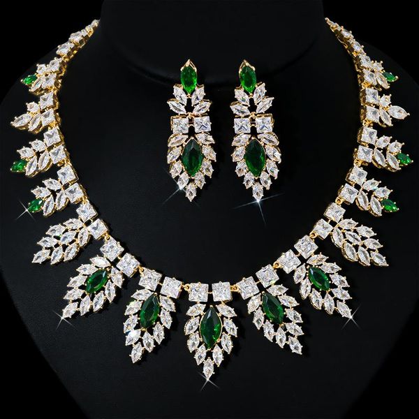 

earrings & necklace 2021 fashion retro green cz zircon golden set wedding party banquet dressing jewelry, Silver