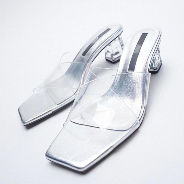 

slippers brand spring summer 2021 cross clear plastic women's slipper thick high heel crystal transparent sandals, Black