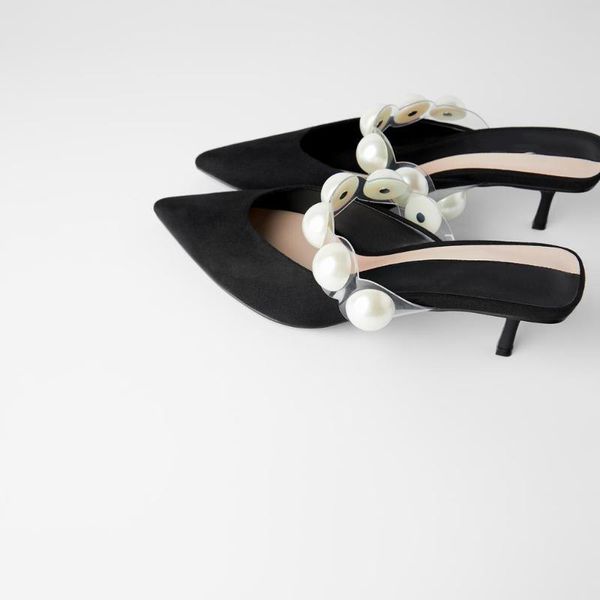 

shoes pointed toe slippers heels slipers women female mule beige heeled sandals string bead shallow high 2021 mules soft black