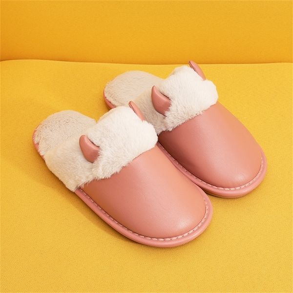 

brand woman winter slippers with fur women pu leather waterproof warm home slipper male indoor cotton flip flops shoes, Black;white