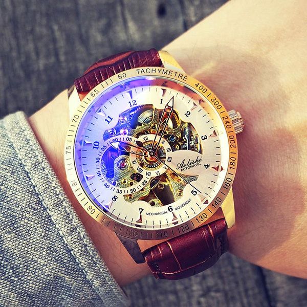 

wristwatches high-grade handsome hollow out man from the mechanical waterproof luminous watch business negotiations with steel watchband, Slivery;brown