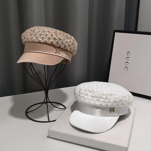 

berets spring autumn woman's beret hat seersucker folded fabric cap lettering a stylish flat, Blue;gray