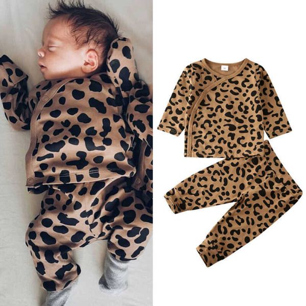 Canis Outono Primavera Leopardo Recém-nascido Bebé Menino Roupas Leopard Impresso Botão de Algodão Tops Leggings Calças Roupas G1023