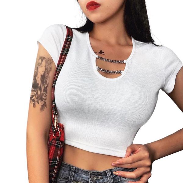 

women's t-shirt lady knit crop cut out short sleeve slim fitted with front chain summer clothes, White