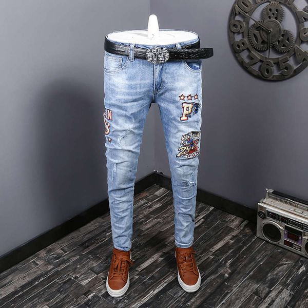 

jeans thin embroidery men's slim print straight tube hole brand long pants light color fashion, Blue