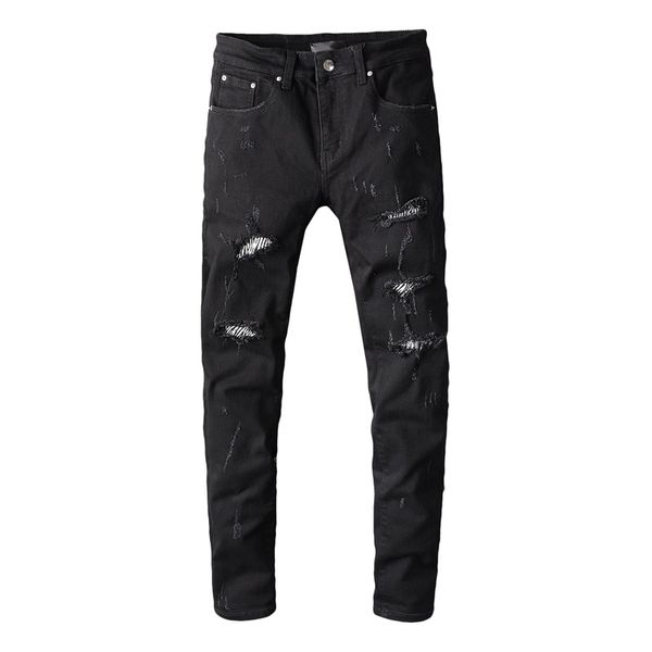 

new fashionlarge size 28-40 streetwear men's fashionable black jeans patched stretch thin denim pants uv8x, Blue
