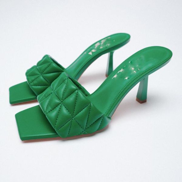 

sandals 2021 summer women's quilted high heel green heels slippers, Black