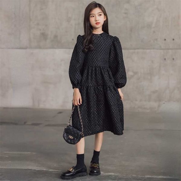 

6 to 16 years girls midi dress teen kids autumn dress baby children clothing lantern sleeve jacquard fabric,#6483 211224, Red;yellow
