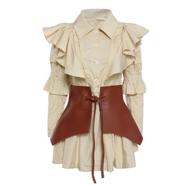 

women's two piece pants asymsay autumn set for women lapel collar flare long sleeve shirt + high waist pu waistband lace up sets al1797, White