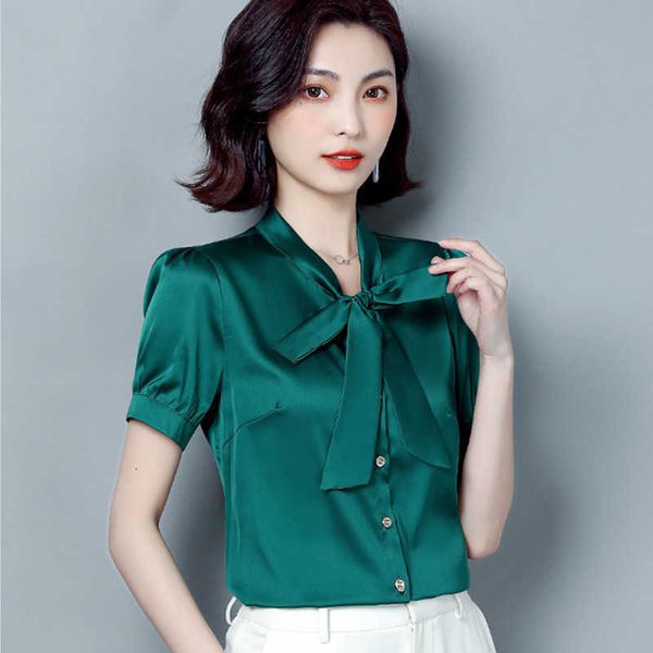 

korean silk women blouses shirt satin woman solid bow lady plus size blusas femininas elegante 210604, White