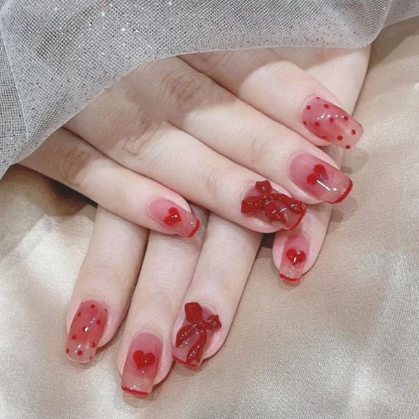 

false nails press on detachable manicure tool artificial short round/square head fake wearable nail tips, Red;gold