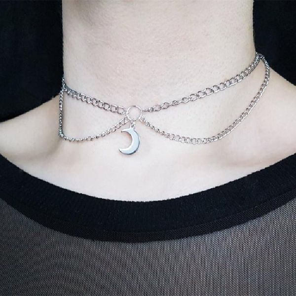 

chains gothic crescent moon chain choker necklace goth jewelry statement novelty pendant fashion witch charm women gift 2021, Silver
