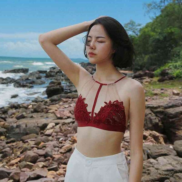 

fashion design luxury bra set hanging neck water-soluble flower non steel ring thin women's perspective underwear, Red;black
